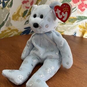 Ty Light Blue Bear with Silver Snowflakes